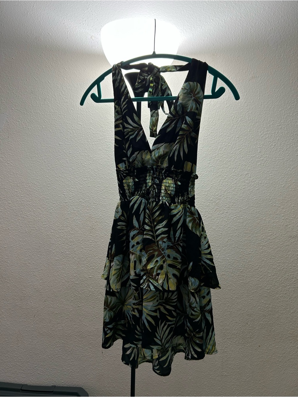 Black Tropical Print Backless Halter Dress